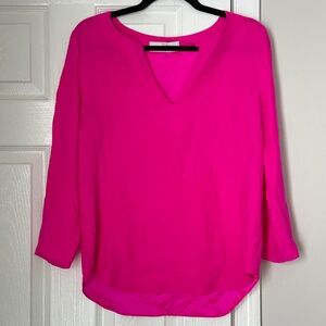 Amanda Uprichard V-Neck Blouse 100% Silk Hot Pink 3/4 Sleeve Tunic Medium